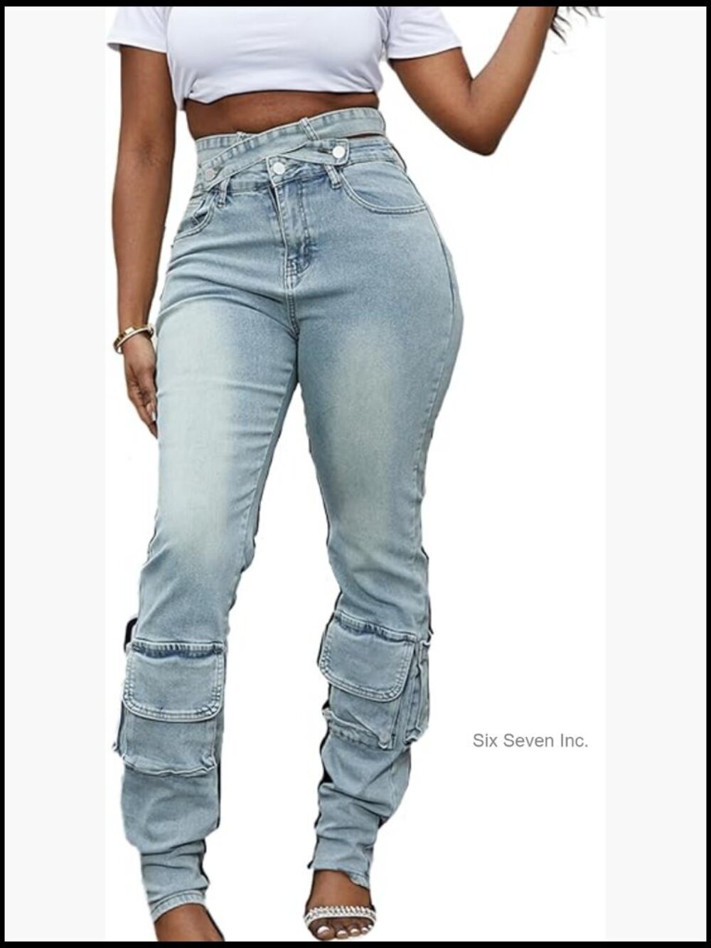 High Waisted Stretch Jeans with Cutout Waist and Cargo Pockets